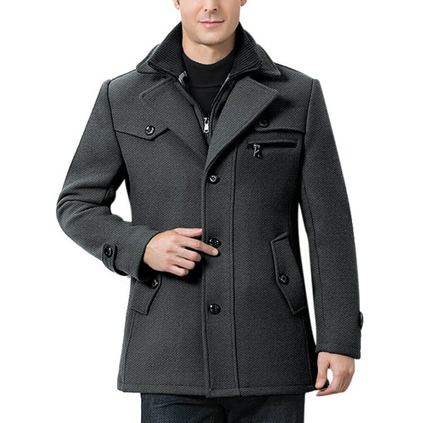Men's Retro Peacoat Fur Lined Casual Coats Fleece Jackets Wool Overcoat Winter